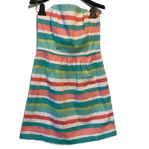 Vineyard Vines Painted Stripes Strapless Cotton Dress SZ 2 AquaCoralYellow